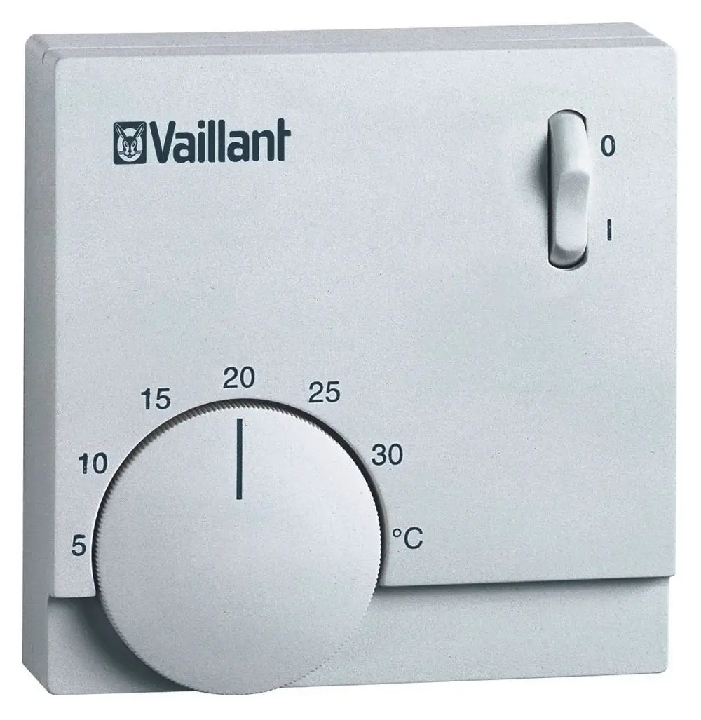 Weißer Raumtemperaturregler von Vaillant mit einer stufenlosen Temperatureinstellung und einem Ein/Aus-Schalter. Temperaturbereich von 5°C bis 30°C.